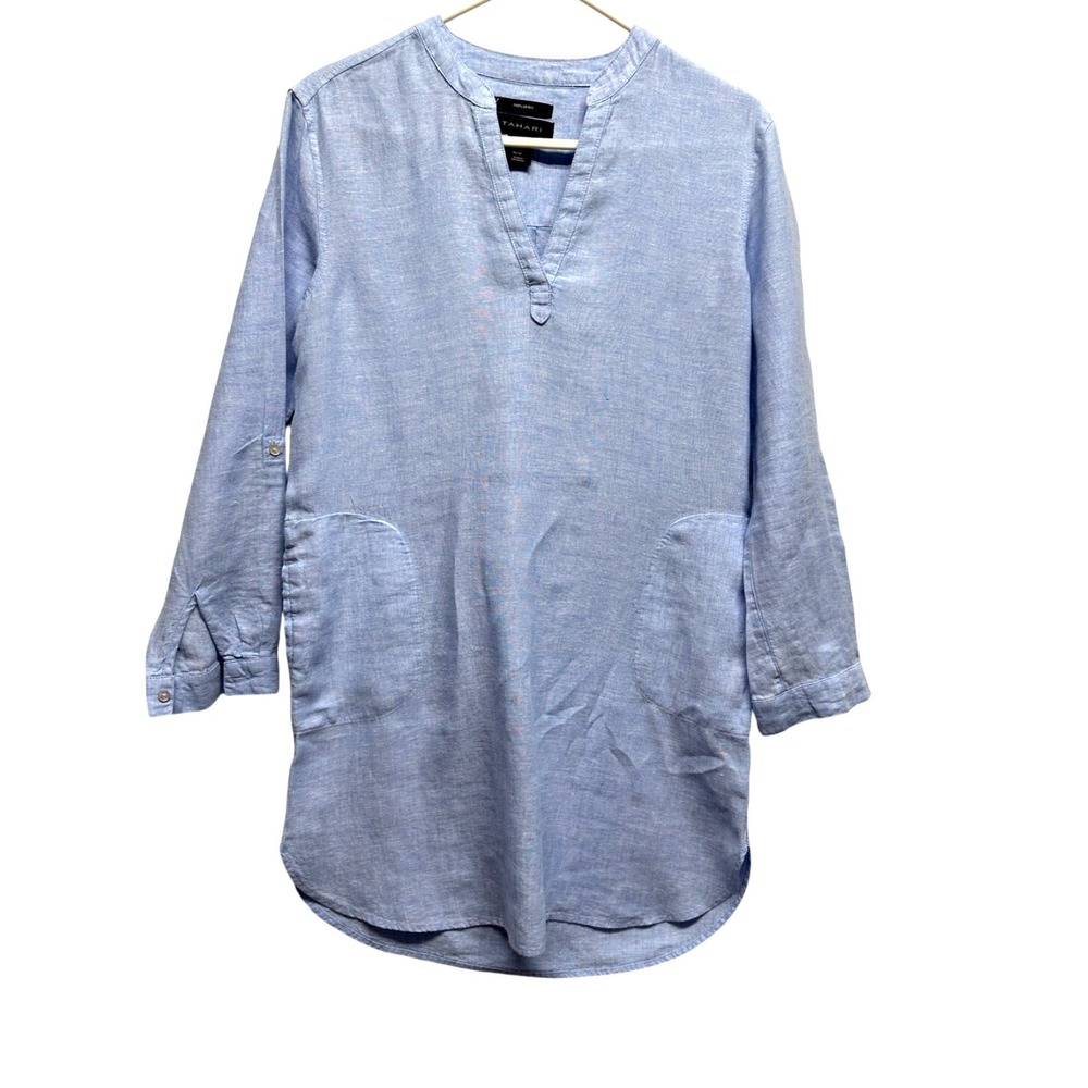 Tahari Womens Light Blue 100% Linen Roll Tab Sleeve Split Neck Tunic Shirt XS